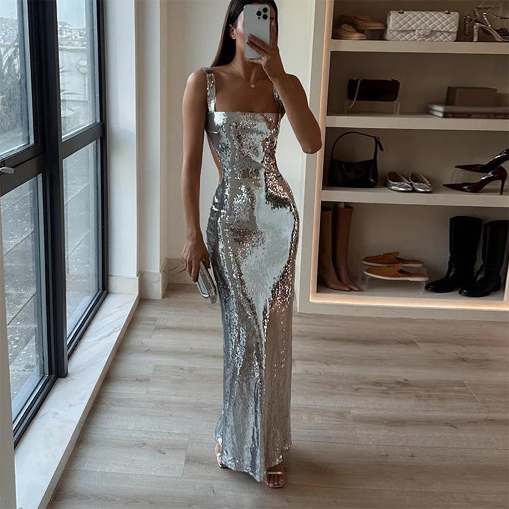 2024 Woman Fashion French High Feeling Silver Sequins Halter Sheath Dress Light Luxury Dinner Year Sexy Long Dresses