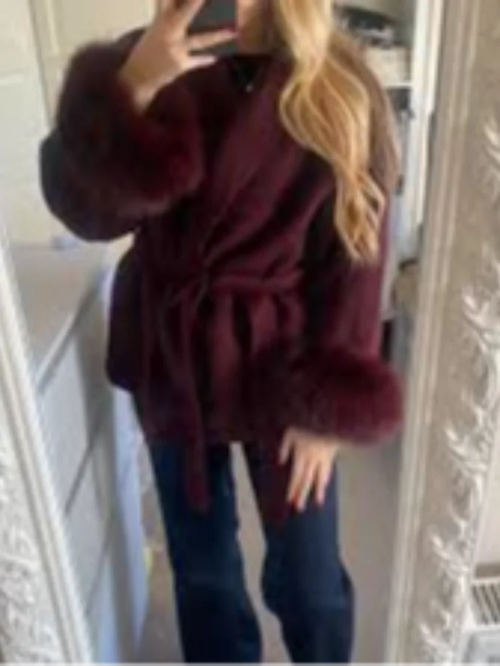 Abrigo de Piel Sintética para Mujer – Elegante Chaqueta de Lana con Manga Larga y Diseño de Parches, Ideal para Otoño/Invierno