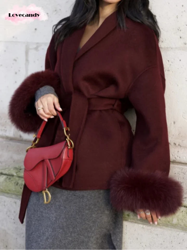 Abrigo de Piel Sintética para Mujer – Elegante Chaqueta de Lana con Manga Larga y Diseño de Parches, Ideal para Otoño/Invierno